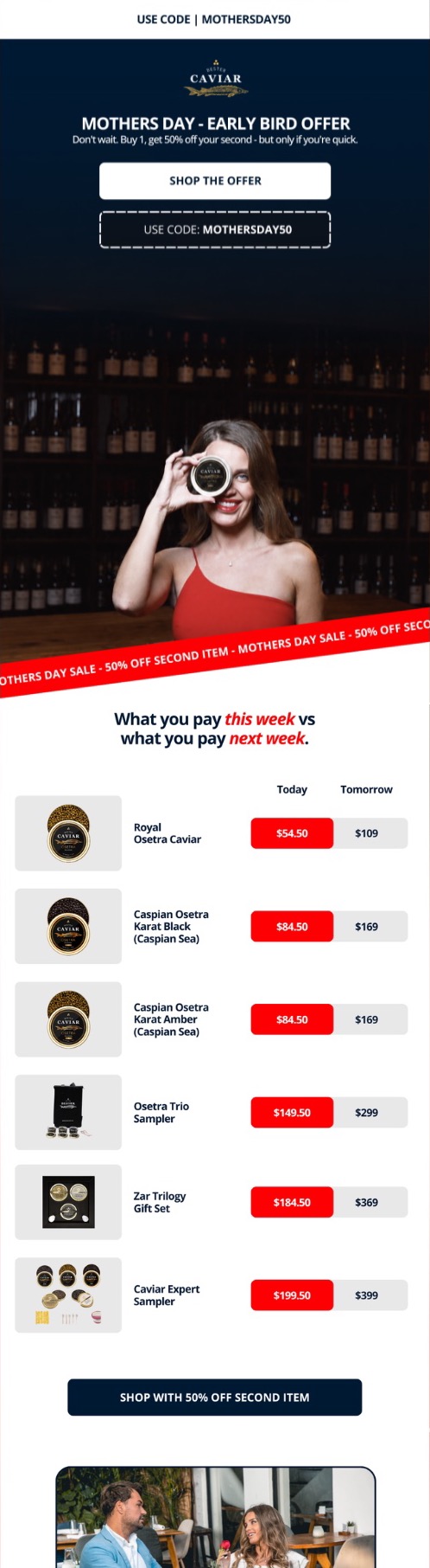 Bester Caviar Mother's Day early bird email showing today vs tomorrow prices for six caviar products